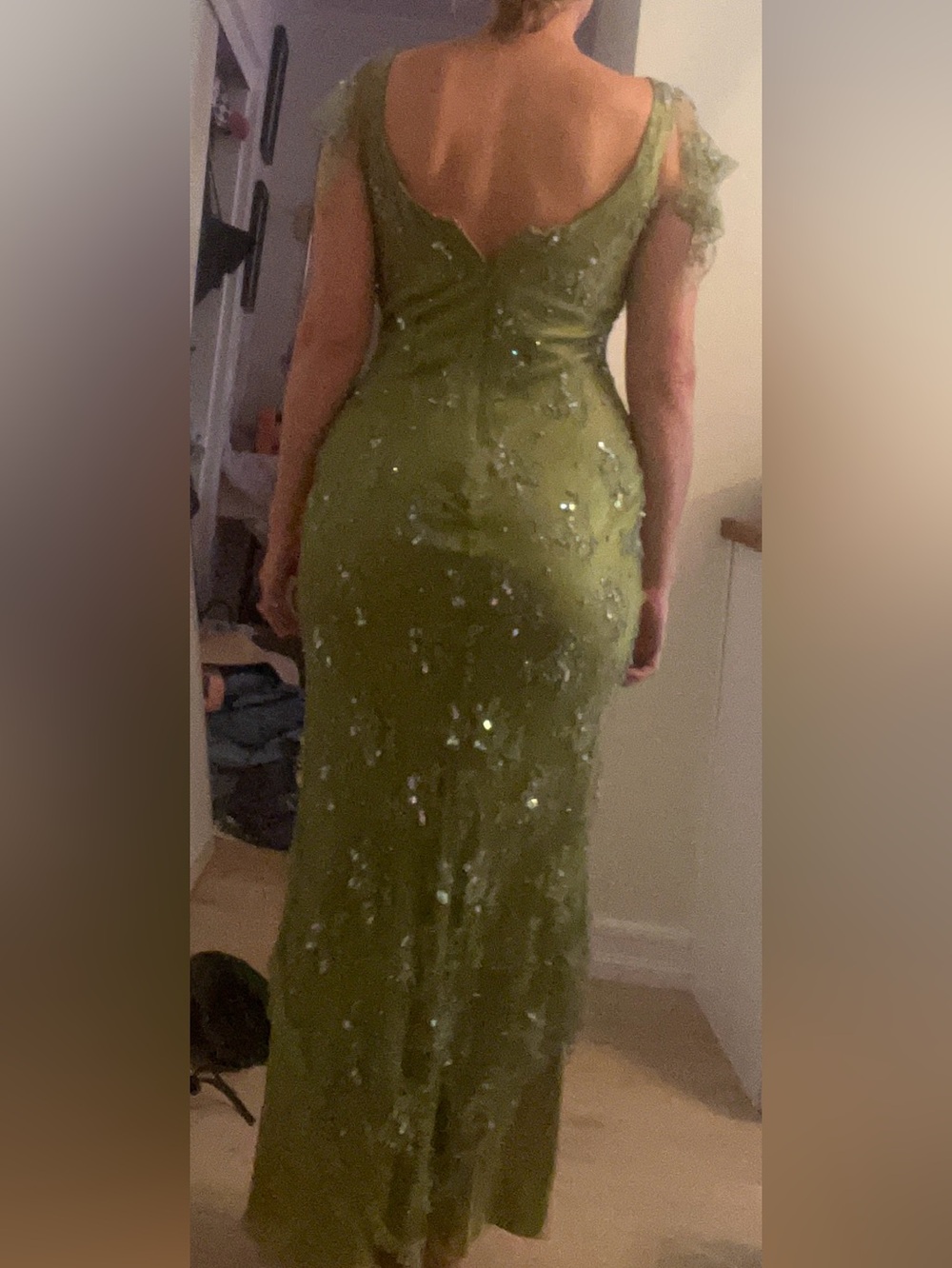 Victoria Royal Womens Silk Beaded Maxi Gown Size 10 Flutter Sleeves Fitted Green - Picture 13 of 13